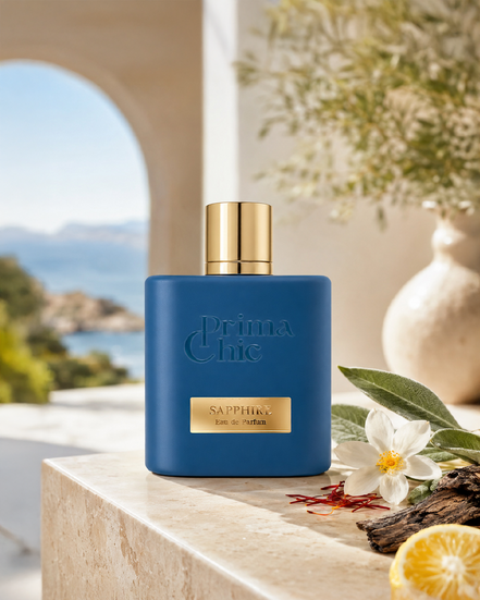 Prima Chic Sapphire eau de parfum key ingredients - spicy floral oud unisex   perfume, Dubai UAE