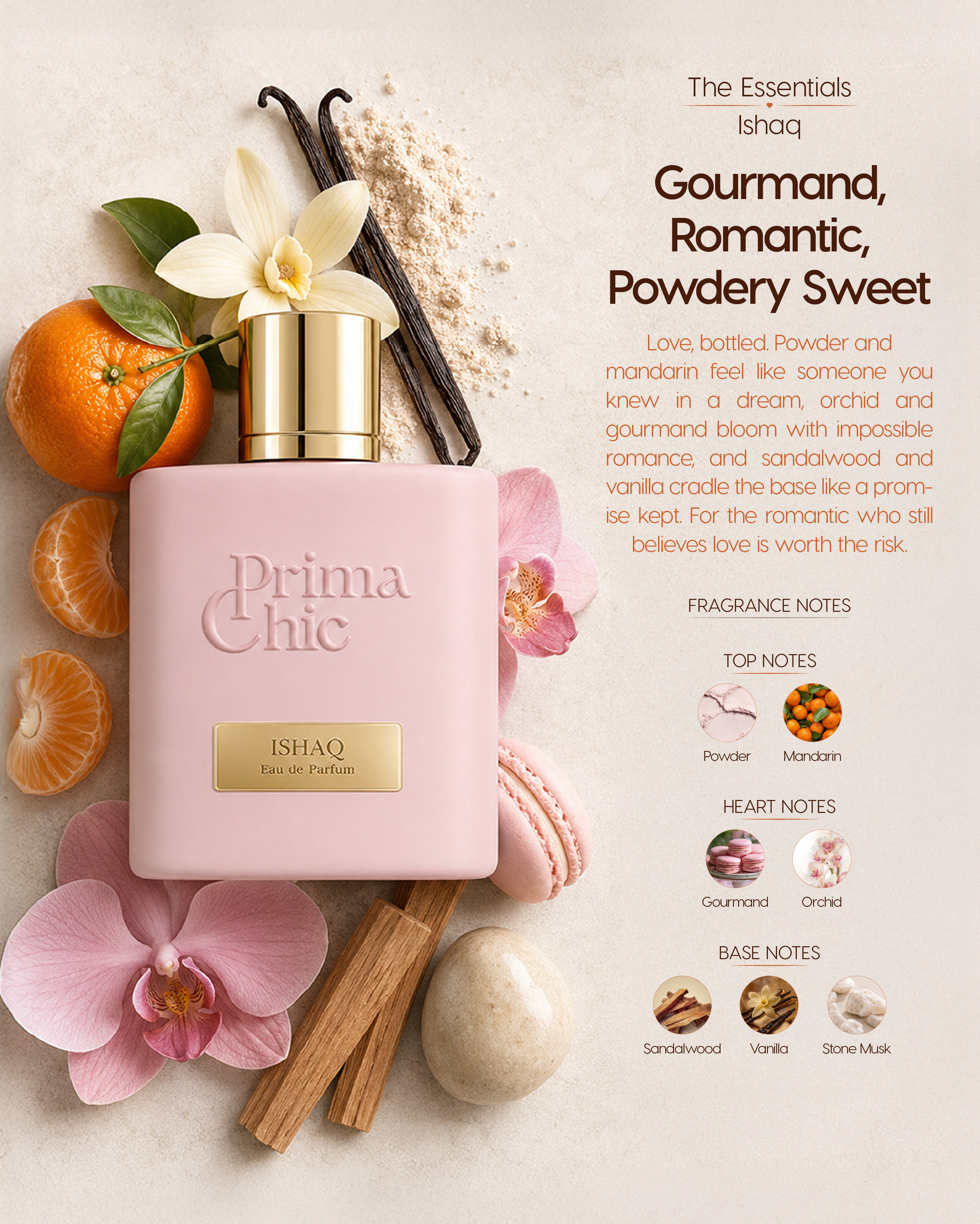 Prima Chic Ishaq women's eau de parfum 100ml fragrance notes - Powder & Vanilla, Orchid & Gourmand, Sandalwood & Musk