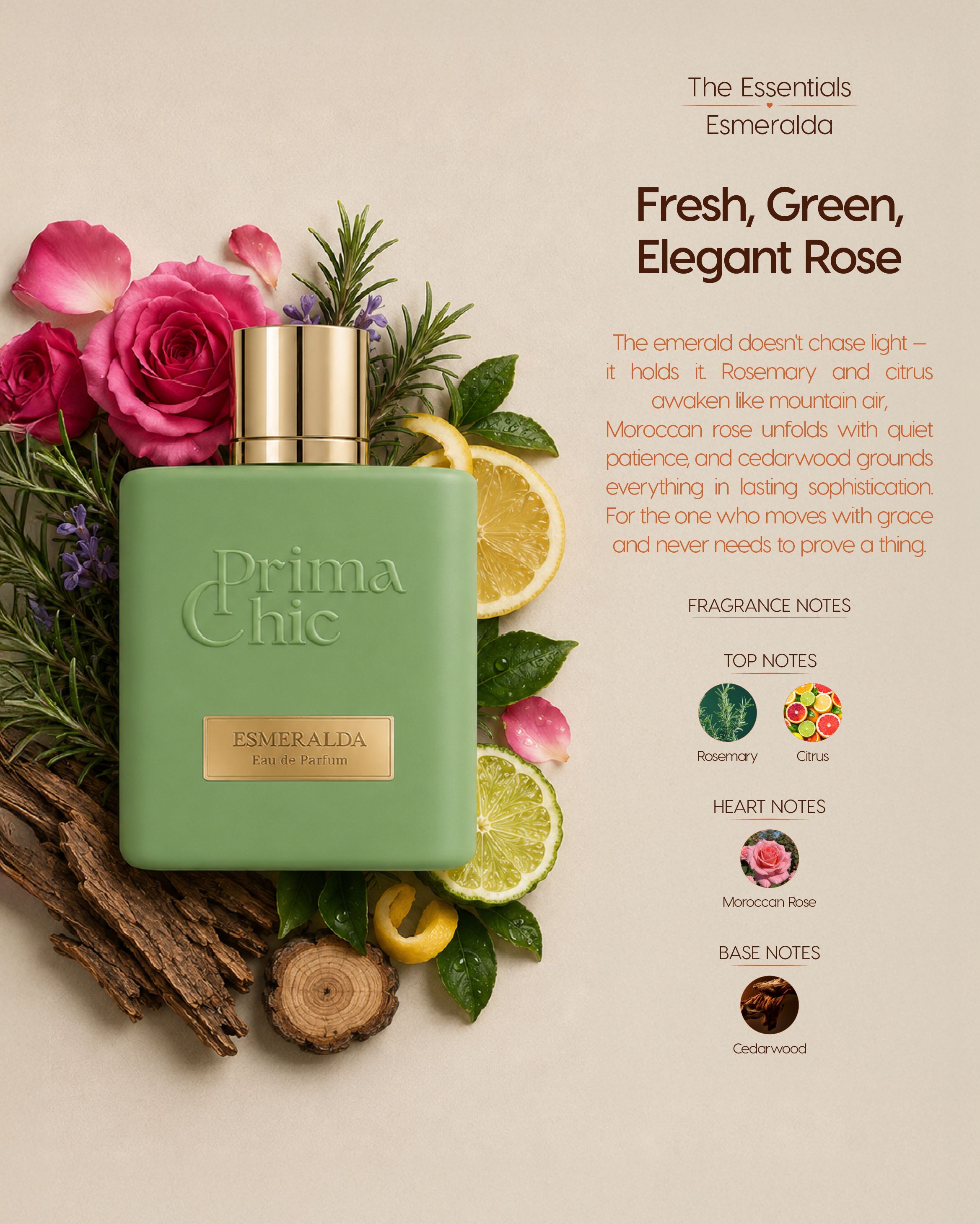 Prima Chic Esmeralda unisex eau de parfum 100ml fragrance notes - Rosemary & Moroccan Rose, Citrus, Cedarwood