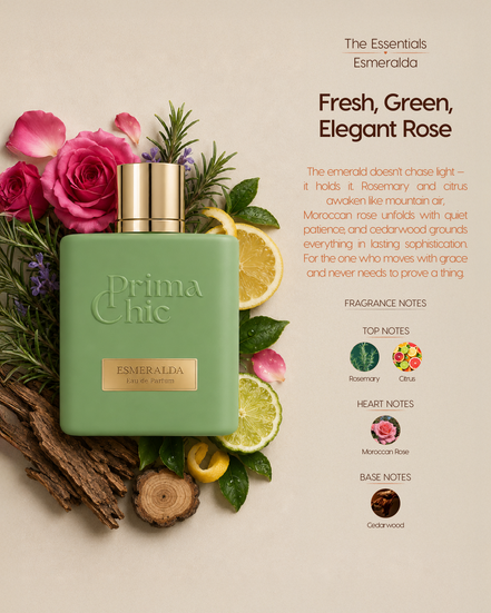 Prima Chic Esmeralda unisex eau de parfum 100ml fragrance notes - Rosemary & Moroccan Rose, Citrus, Cedarwood