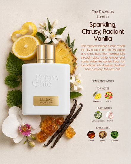 Prima Chic Lumino perfume bottle, men's EDP perfume 100ml fragrance notes, Citrus & Lemon Blossom, Patchouli & Pineapple, Amber & Vanilla,