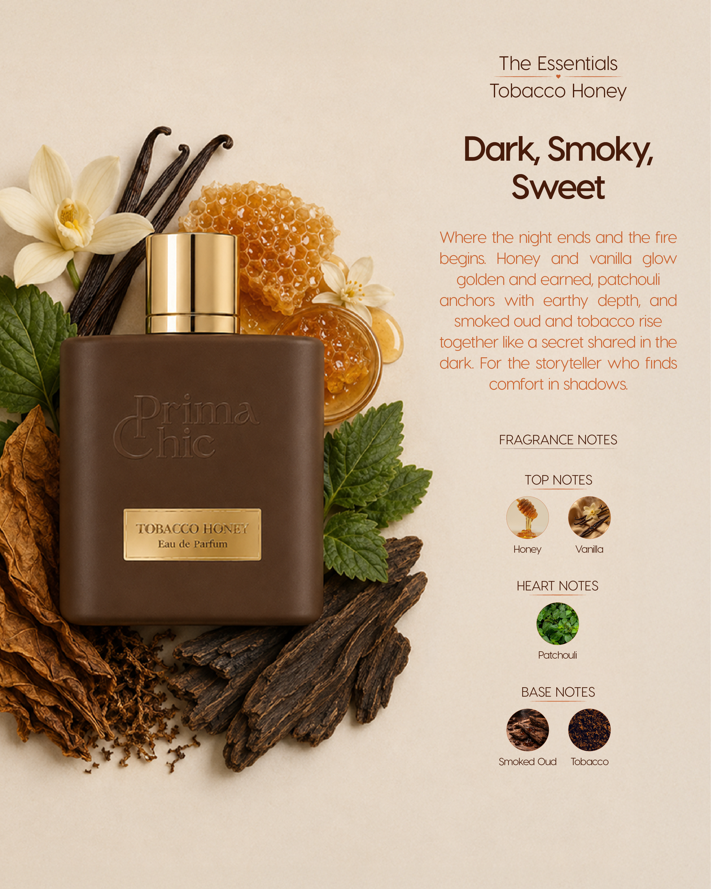 Prima Chic Tobacco Honey 100ml EDP gift box - sweet smoky tobacco unisex perfume, buy in Dubai UAE
