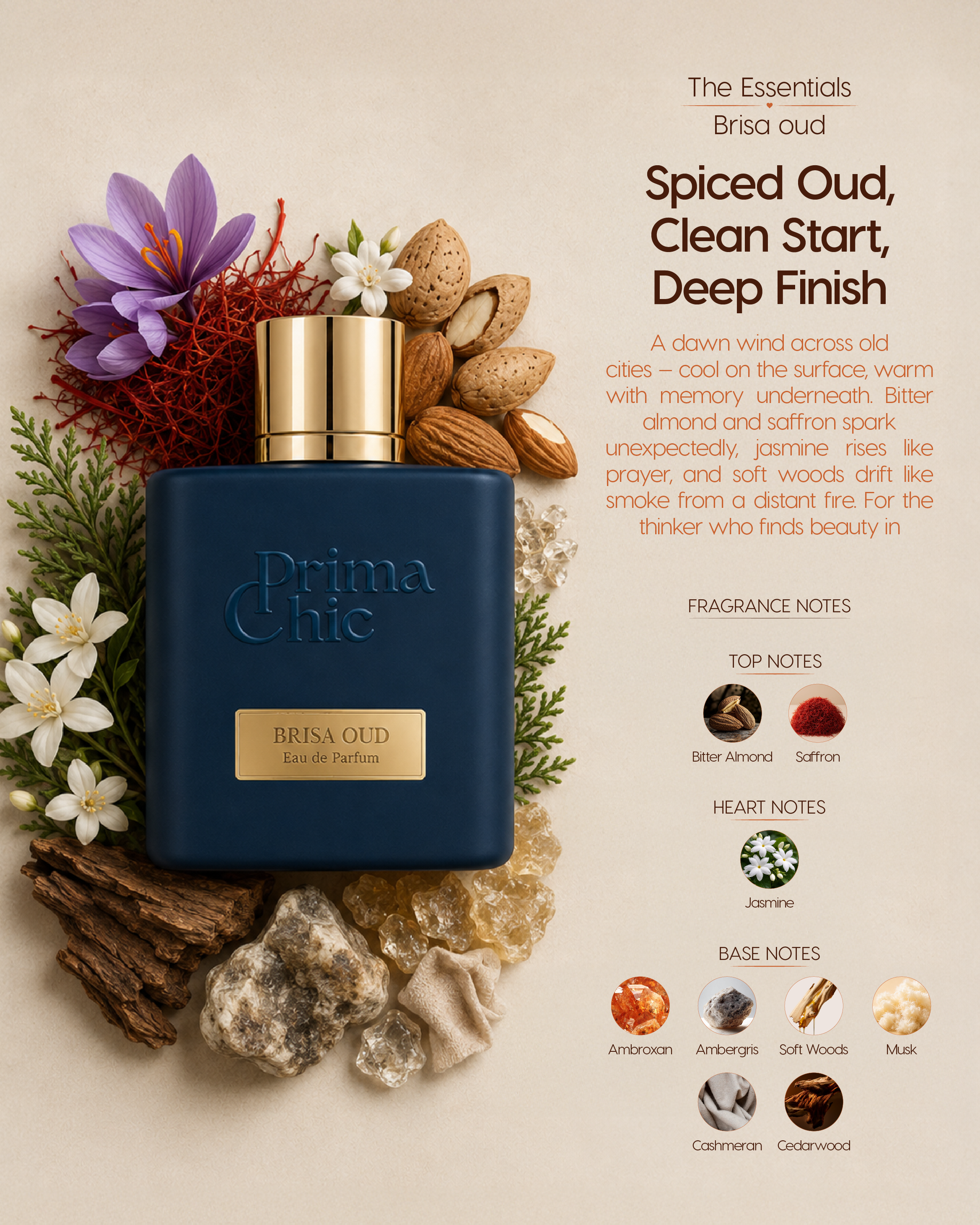 Prima Chic Brisa Oud men's eau de parfum 100ml fragrance notes - Bitter Almond & Saffron, Jasmine & Cedar, Ambergris & Musk