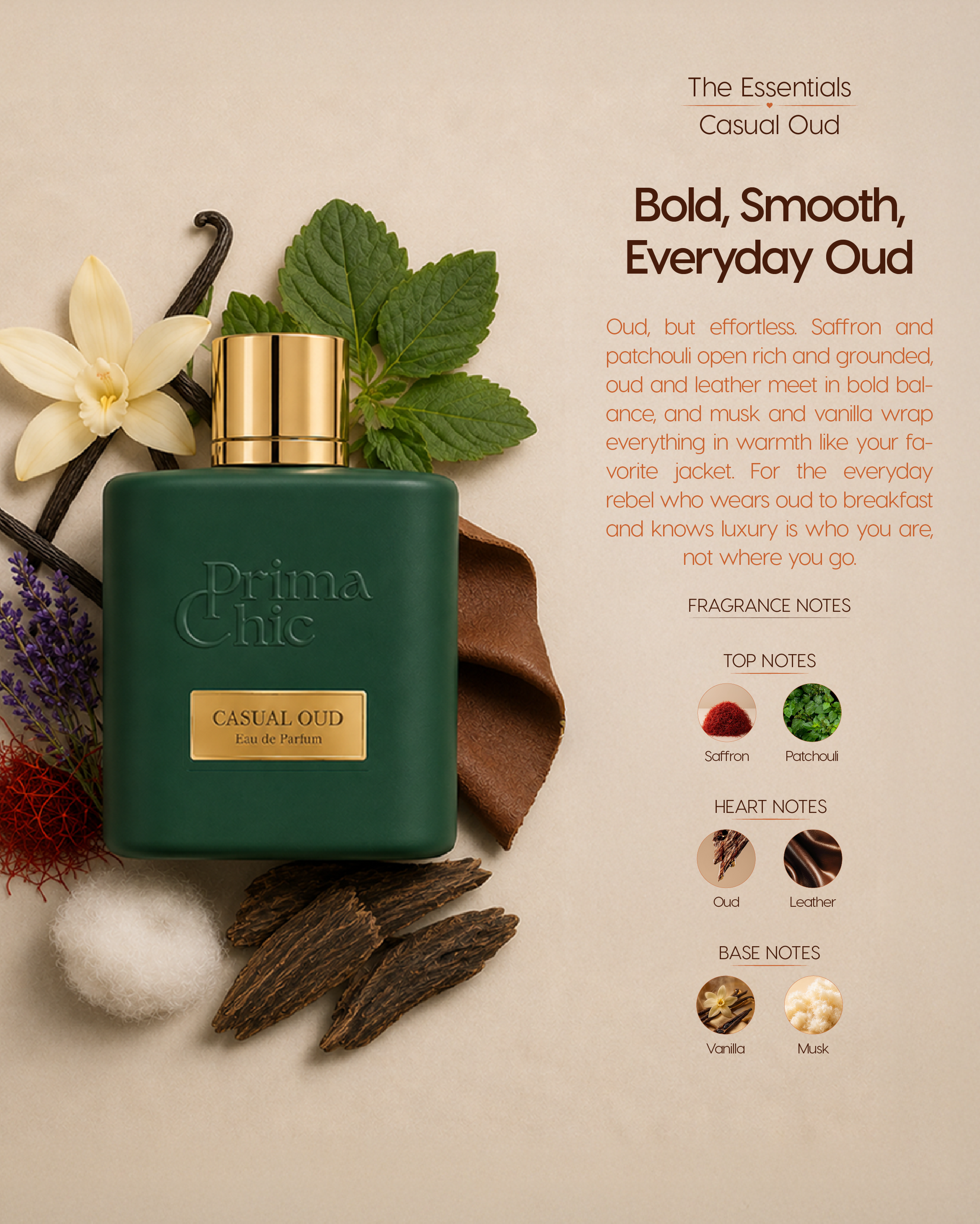 Prima Chic Casual Oud 100ml EDP gift box - oud leather unisex perfume, buy in Dubai UAE