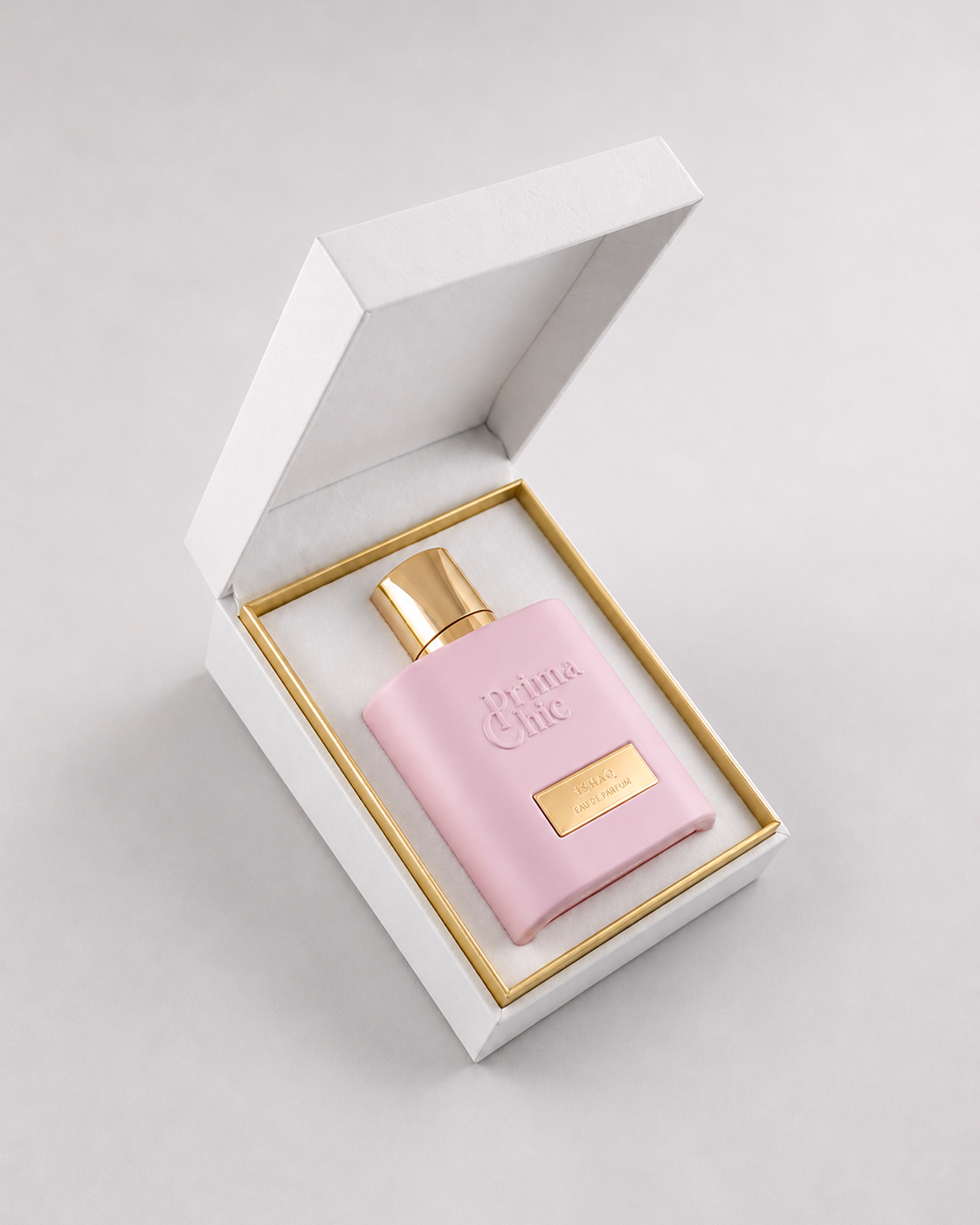 Ishaq women's eau de parfum 100ml by Prima Chic - bottle side angle, gourmand powdery perfume Dubai